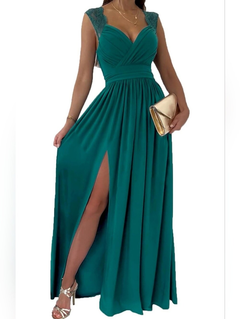 Elegant Teal V-Neck Split Maxi Dress Streachy